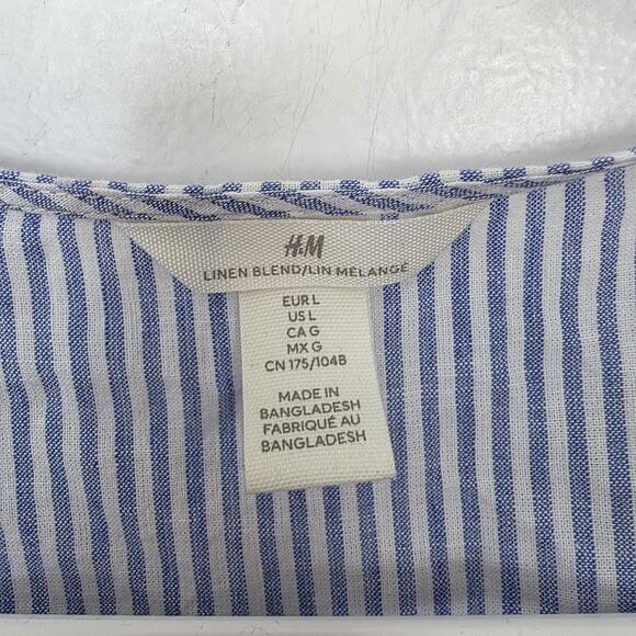 H&M Blue White Striped Linen Blend Coastal Long Sleeve Wrap Mini Dress Size L - Picture 4 of 9